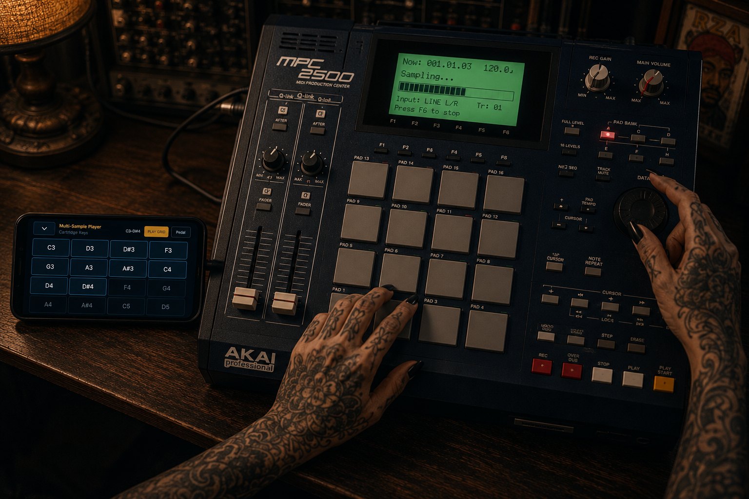 Multi-Sample Player running beside an MPC sampler in a studio setup.