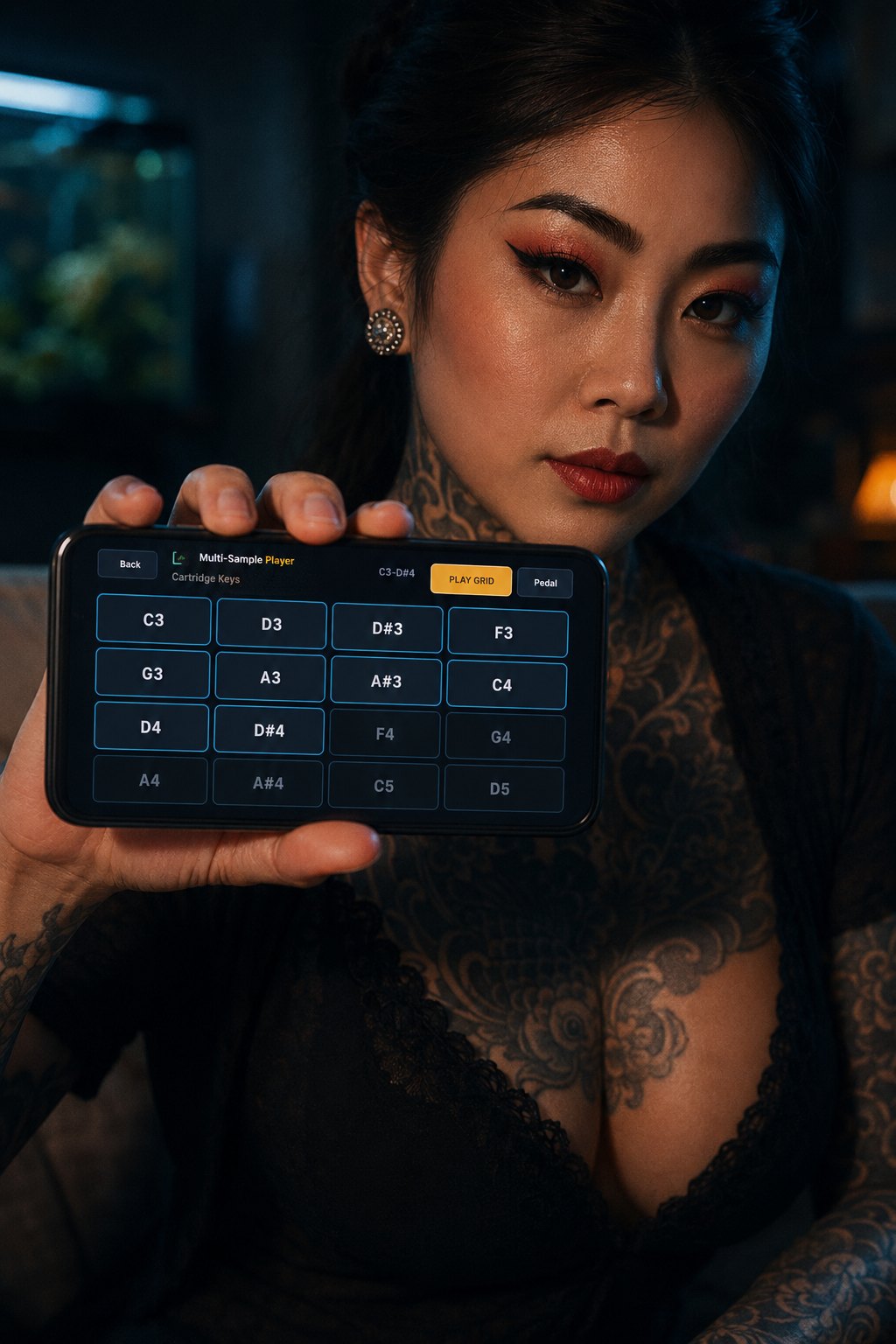 A musician holding an Android phone running Multi-Sample Player's 16-pad Play Grid.