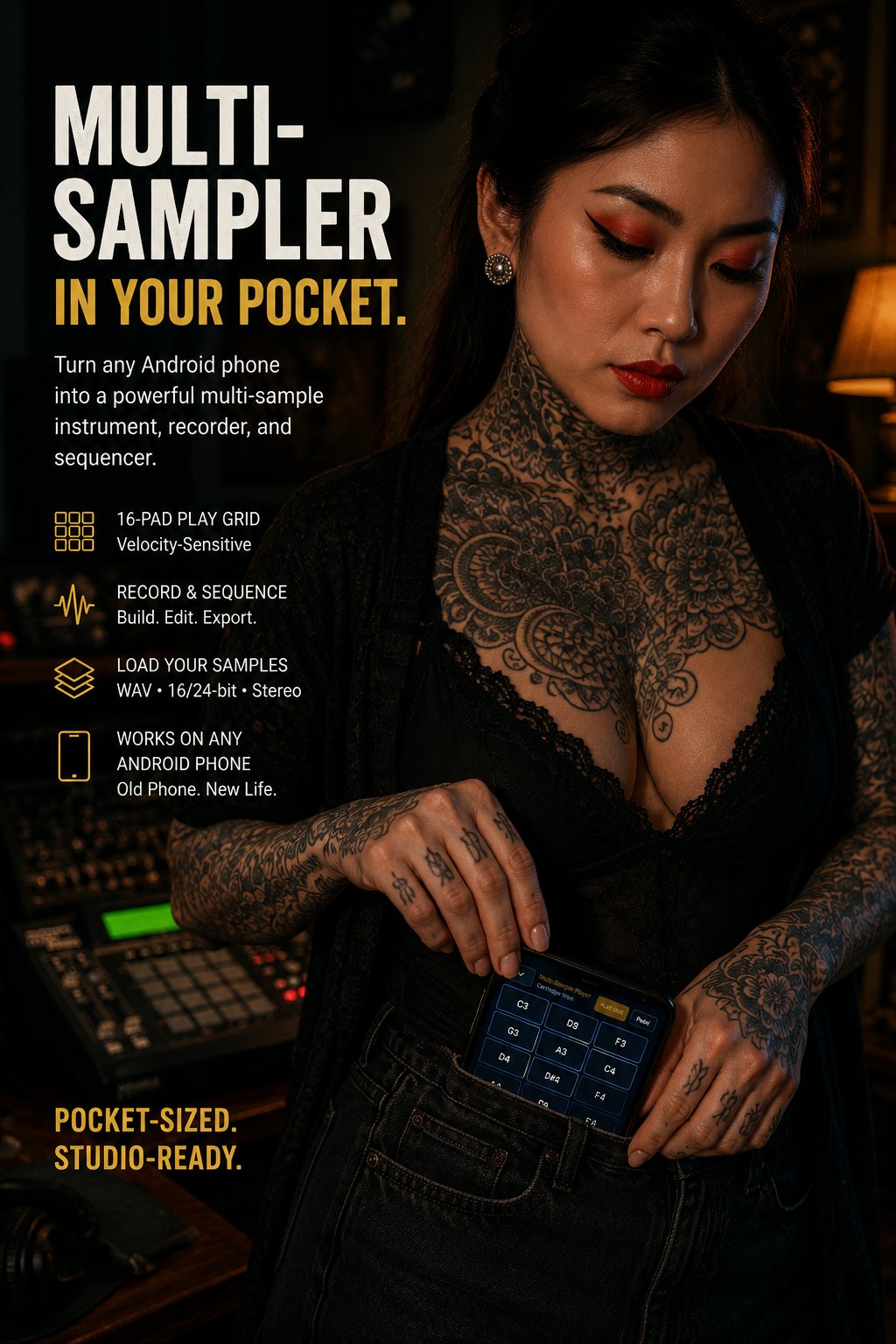 Promo poster showing Multi-Sample Player as a pocket-sized Android multi-sample instrument, recorder, and sequencer.