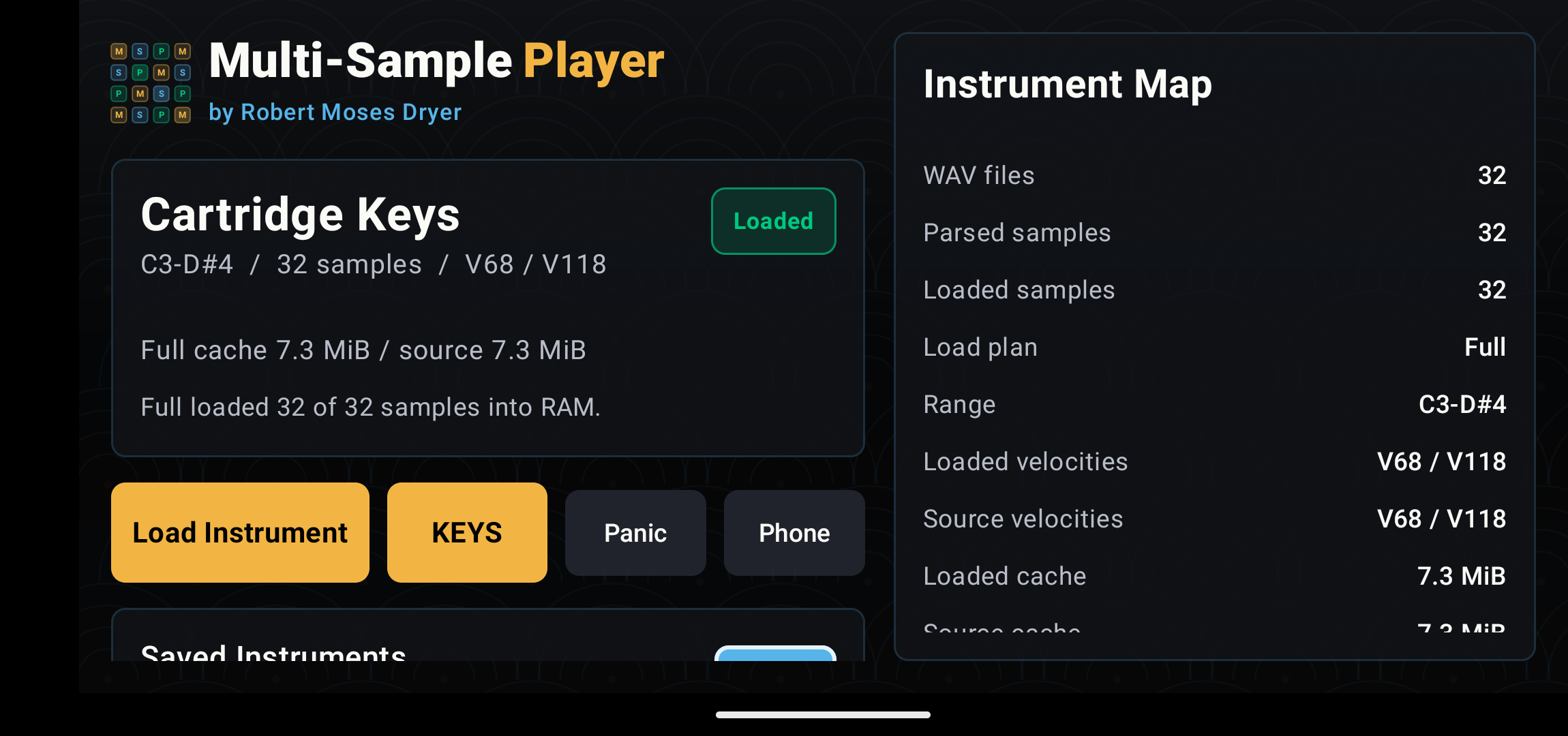Dashboard showing Cartridge Keys loaded with WAV count, parsed samples, range, velocities, cache, and load plan.