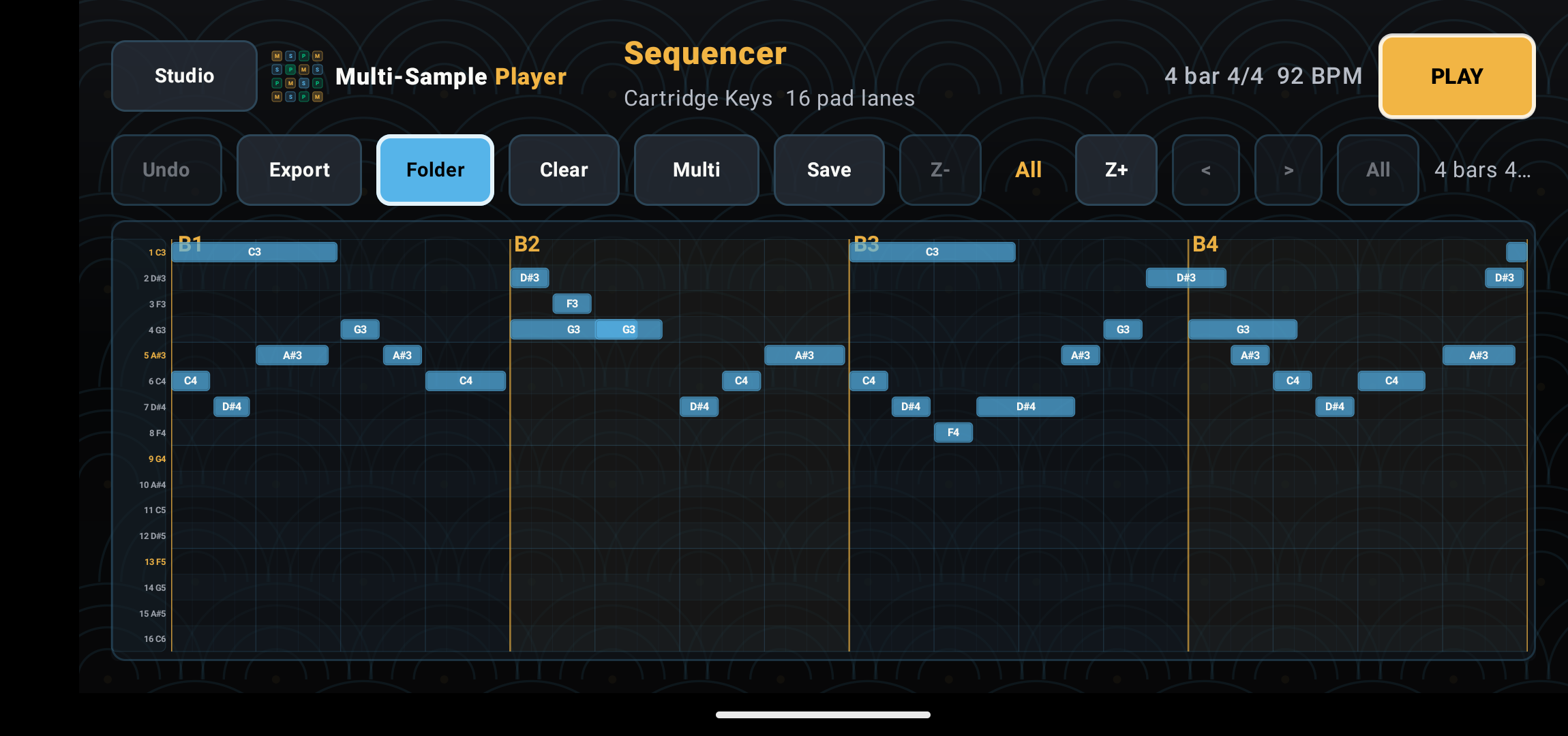 Deluxe Sequencer showing a musical C minor pentatonic sequence with bass anchors, answering phrases, bar lines, export, multi-select, save, zoom, and playback controls.