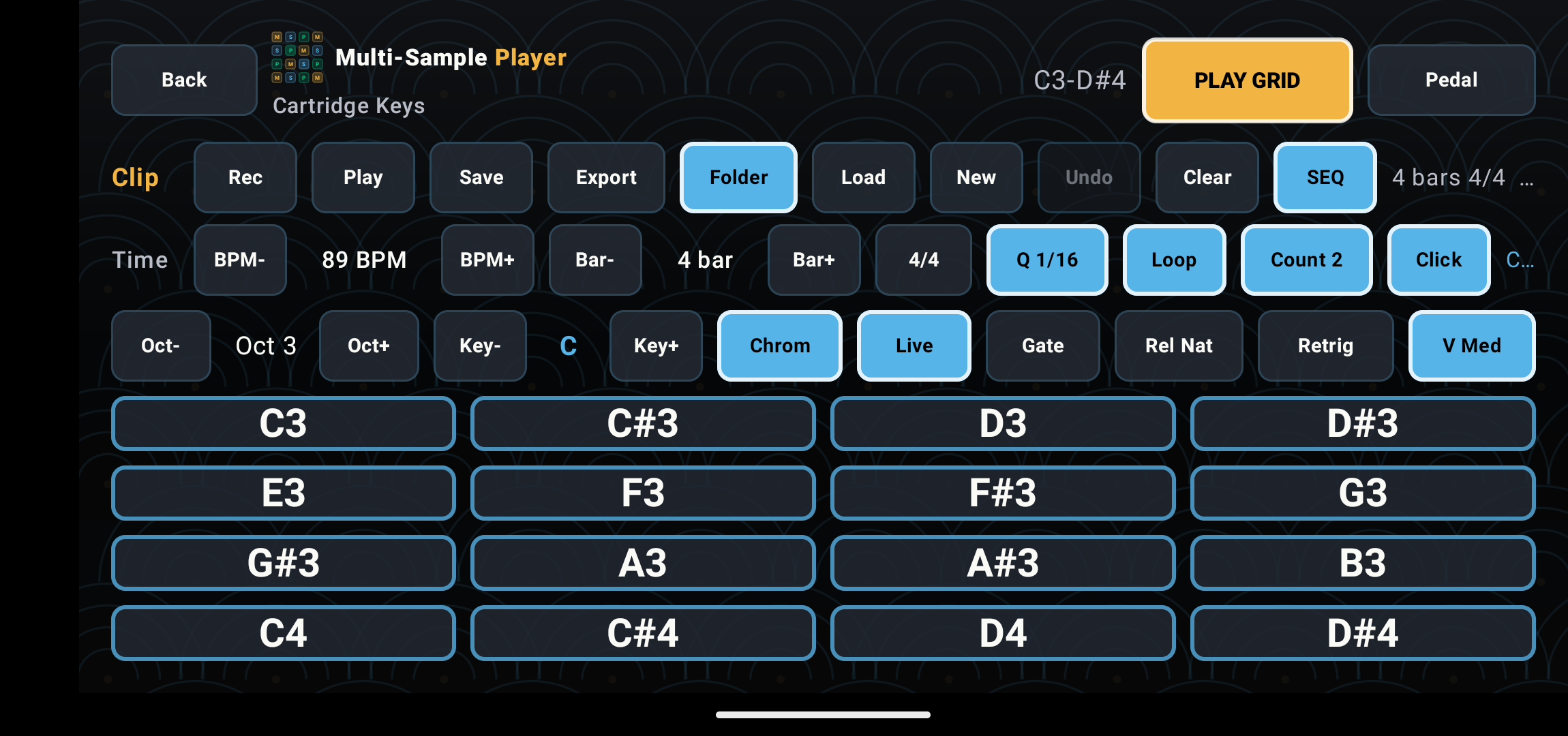 Studio Recorder with record, play, save, export, folder, tempo, bars, click, count-in, scale, and pads.