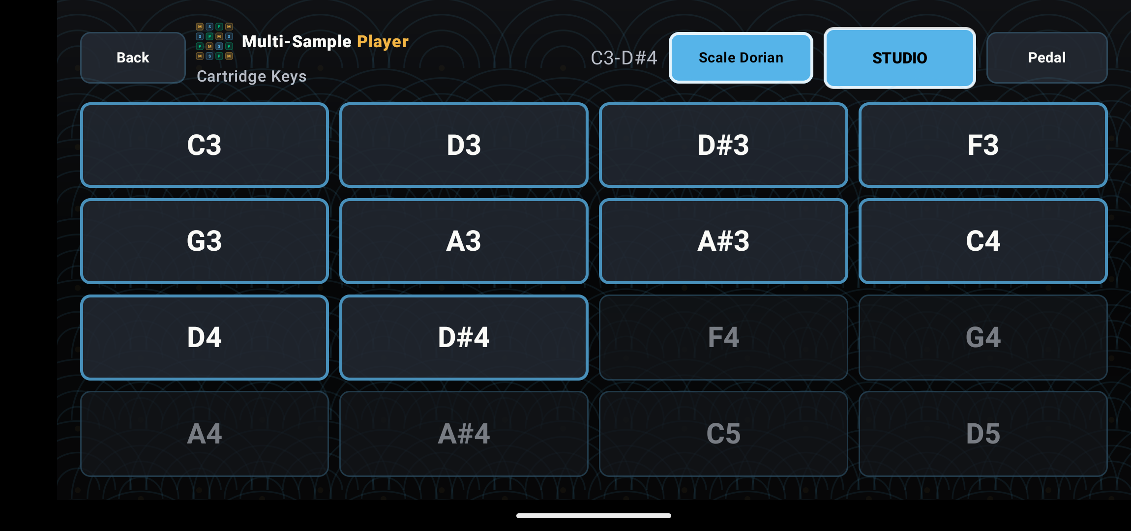 Multi-Sample Player Play Grid with 16 large touch pads and a scale selector.