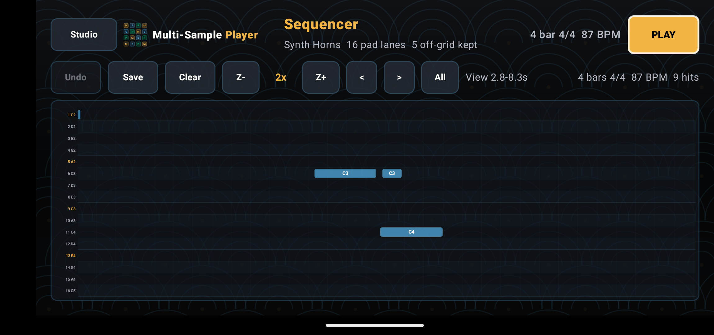 Deluxe Sequencer zoomed in on note clips for detailed editing.
