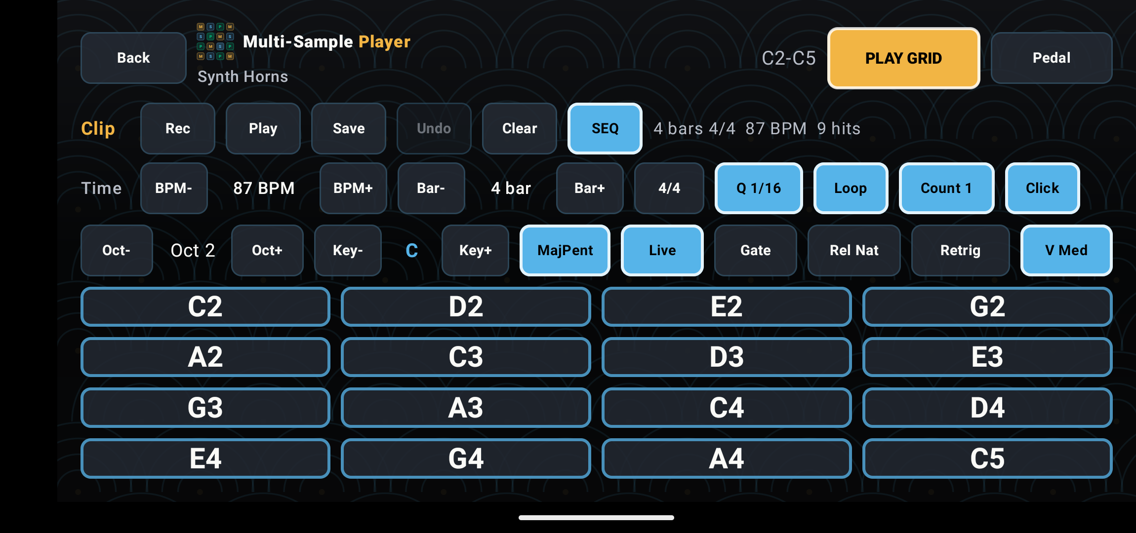 Studio screen showing recorder controls, tempo, bars, key, scale, and pads.